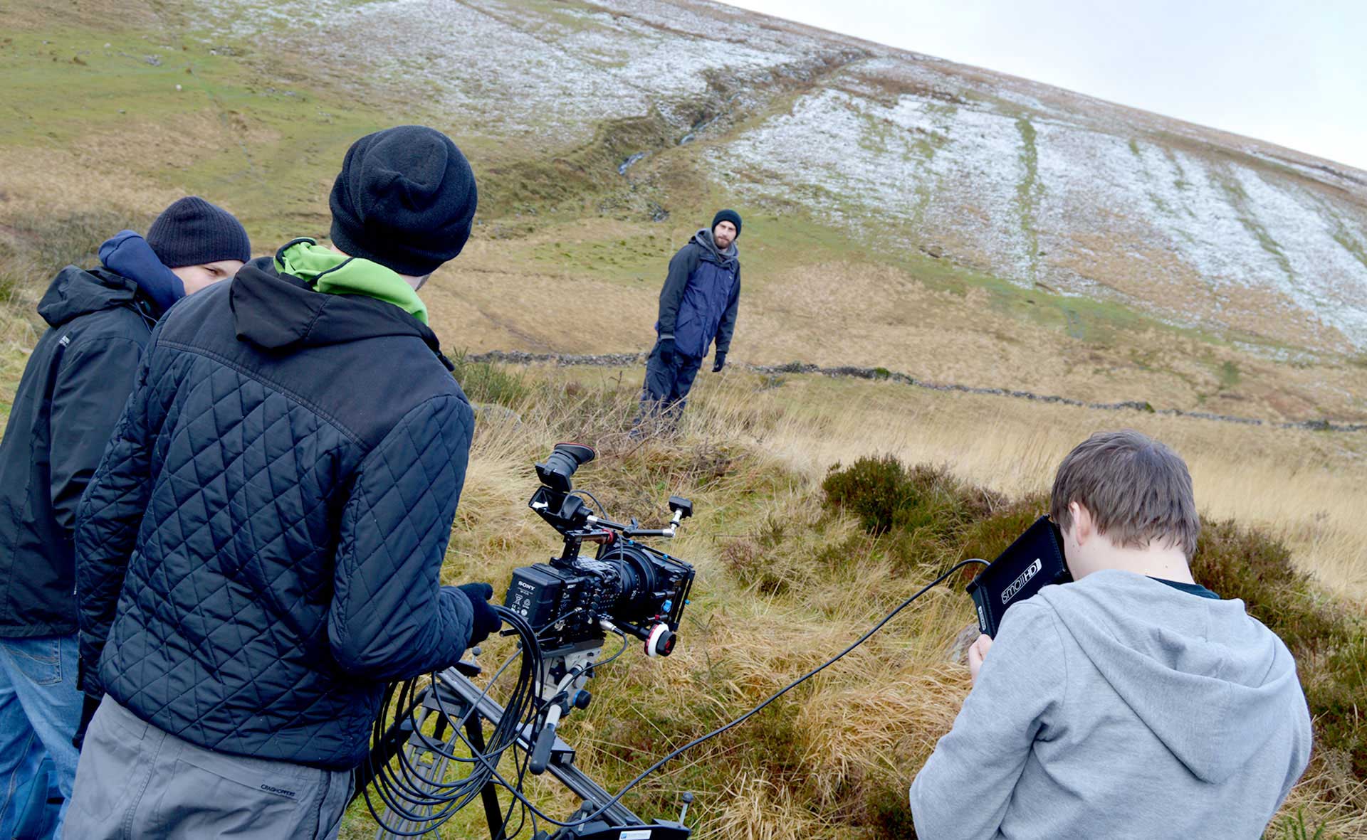 Filming near a mountain in Brecon