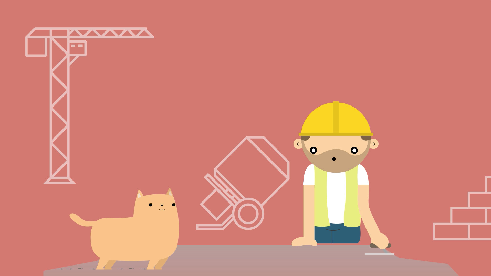 Animated builder with cat in cement